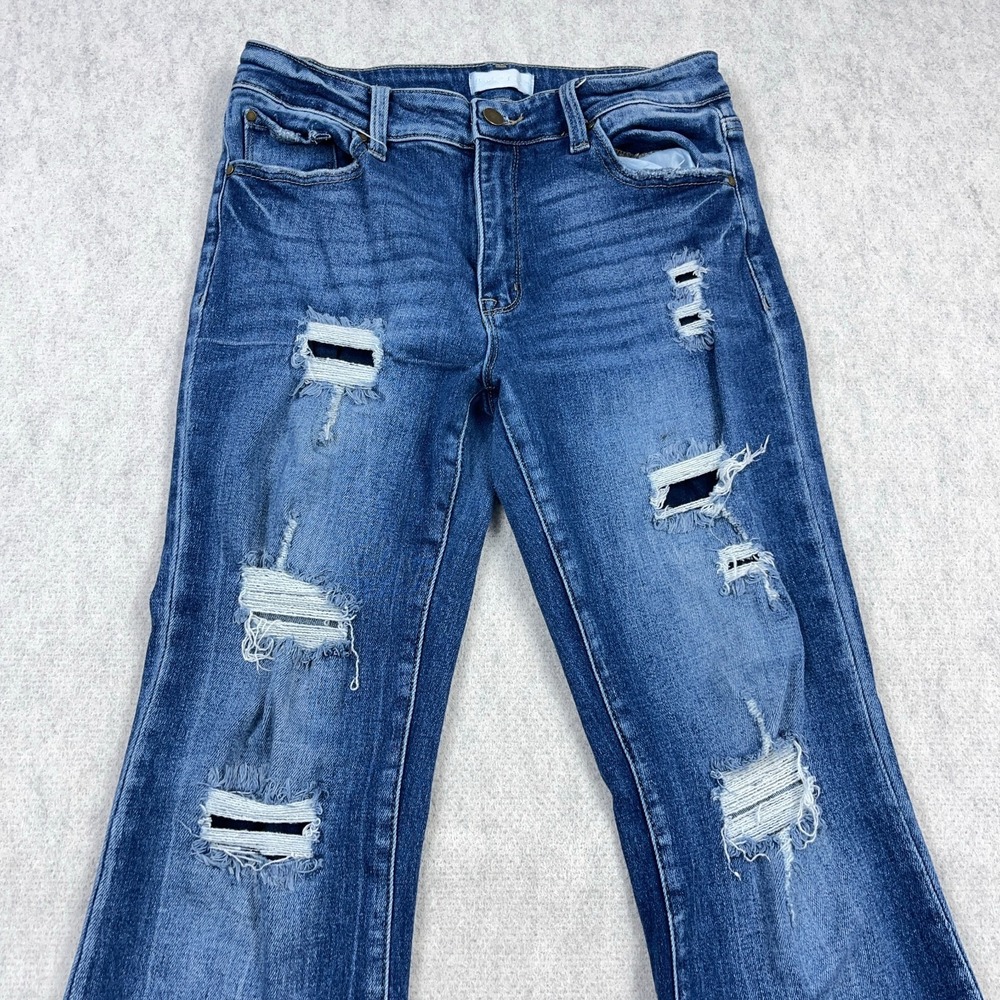 Women’s Distressed Dark Blue Flare Jeans - Picture 3 of 15